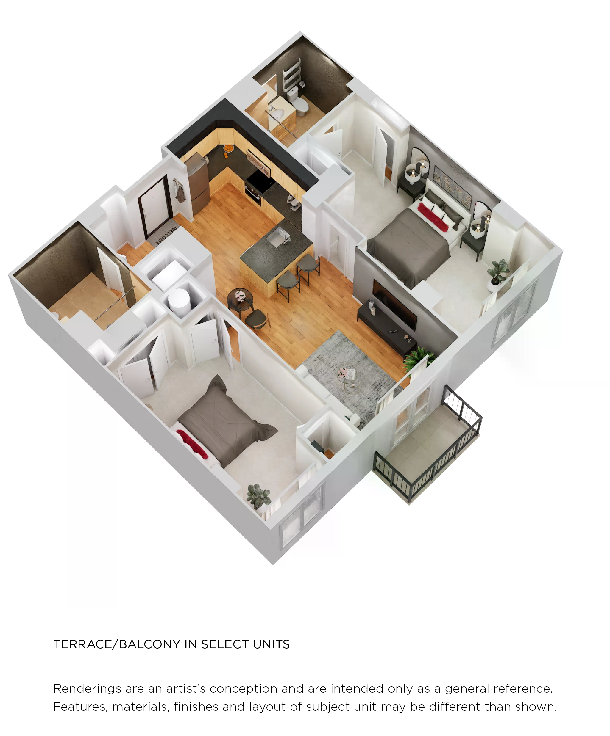 Floor plan for 2 beds, 2 baths, 958 sqft